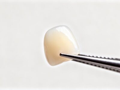 A single porcelain veneer held with dental tweezers against a light background
