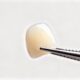 A single porcelain veneer held with dental tweezers against a light background